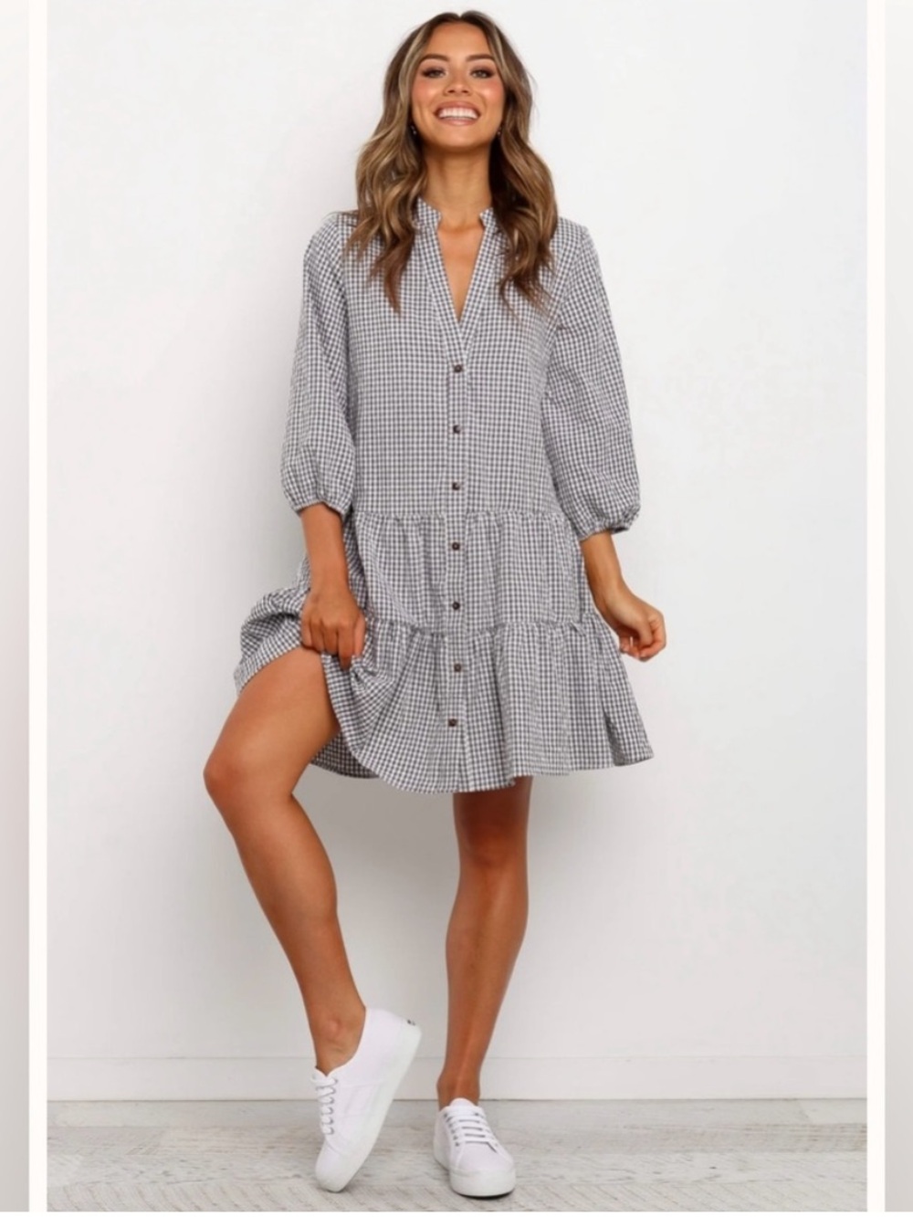 Petal & Pup Daria Black and White Gingham Plaid Long Sleeve Dress Size S/M